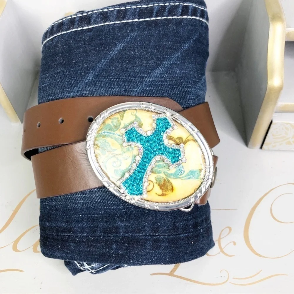 𝅺BROWN boho leather belt with rhinestone cross